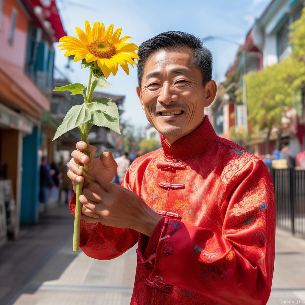 穿红旗袍拿向日葵的送考父亲爆红网络